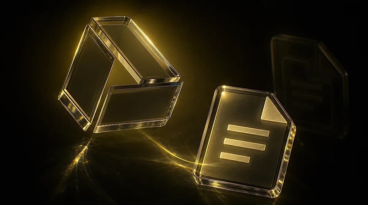 Glowing golden glass icons of a Google Drive triangle and a text document floating against a black background