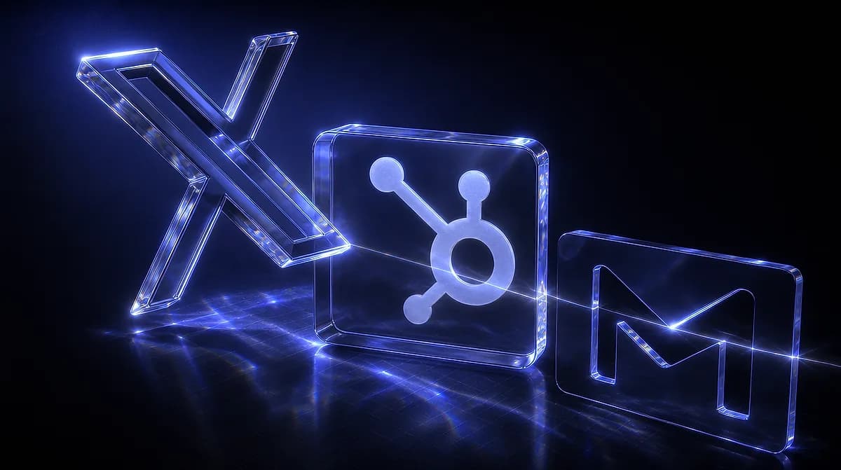 Glowing glass X, HubSpot and Gmail logos glowing blue against a dark reflective floor