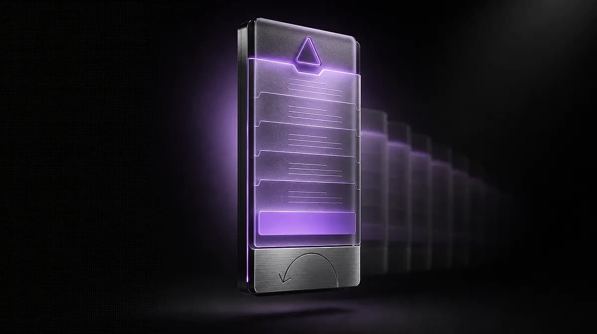 Brushed metal digest panel glowing purple with a warning triangle on top, stacked list lines, and a curved retry arrow
