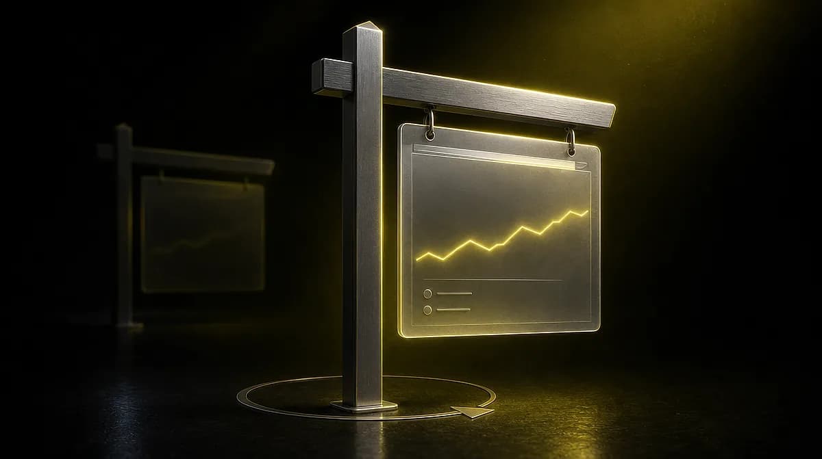 Metal real-estate yard sign holding a translucent panel with a glowing yellow upward line chart
