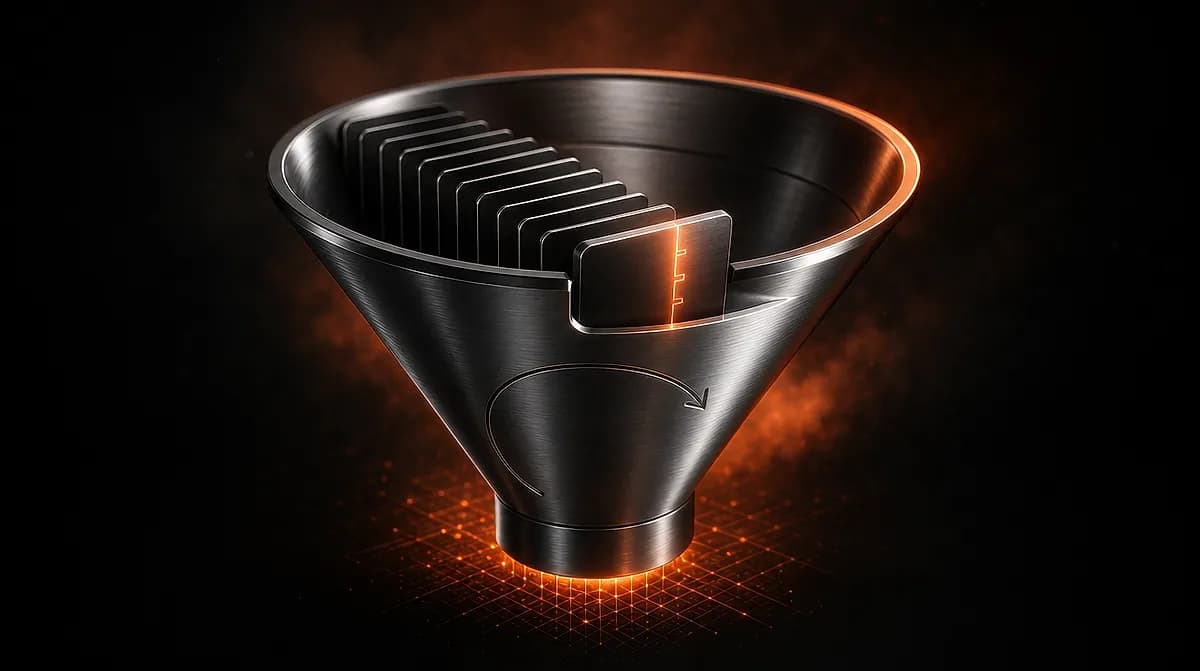 Brushed metal sales funnel holding a row of stacked cards, one card glowing orange