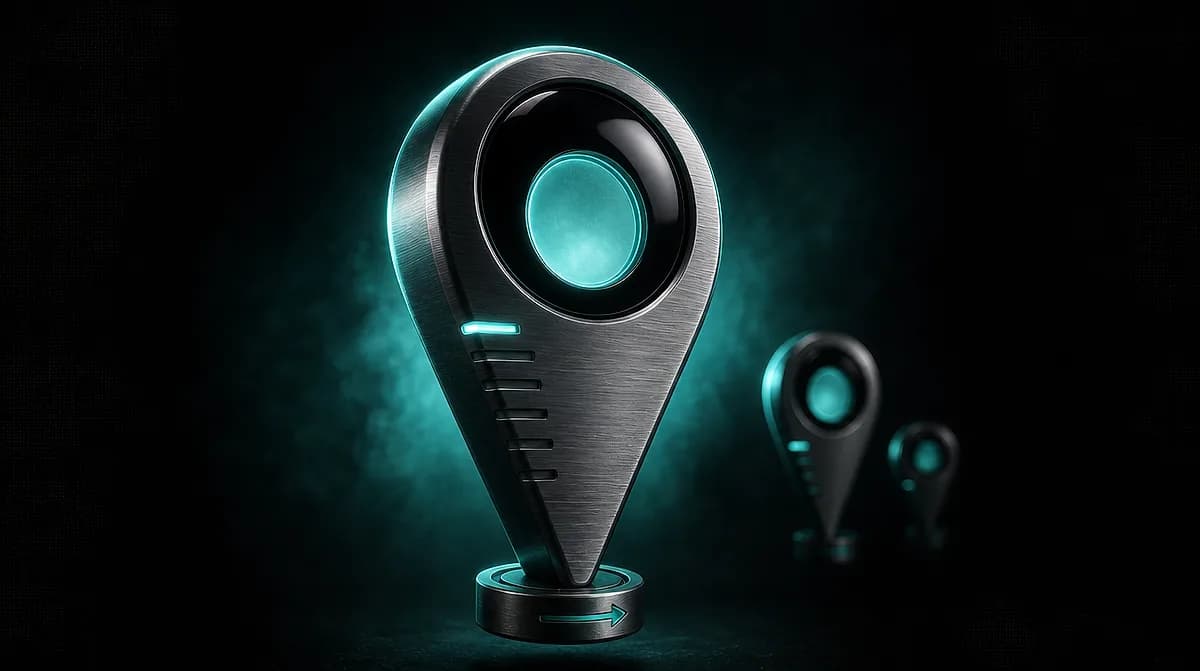 Brushed metal map pin with a glowing teal center on a dark background, two smaller pins fading behind it amid teal mist