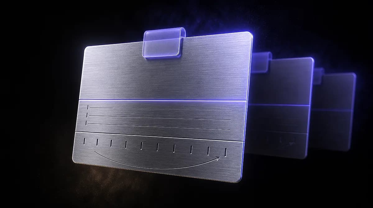 Brushed metal file folder cards with purple glowing edges receding into darkness