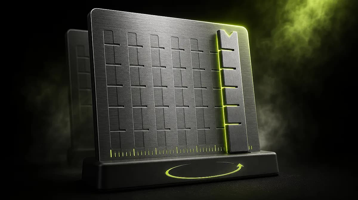 Brushed metal panel with a grid of columns on a stand, one column glowing green like a bar chart