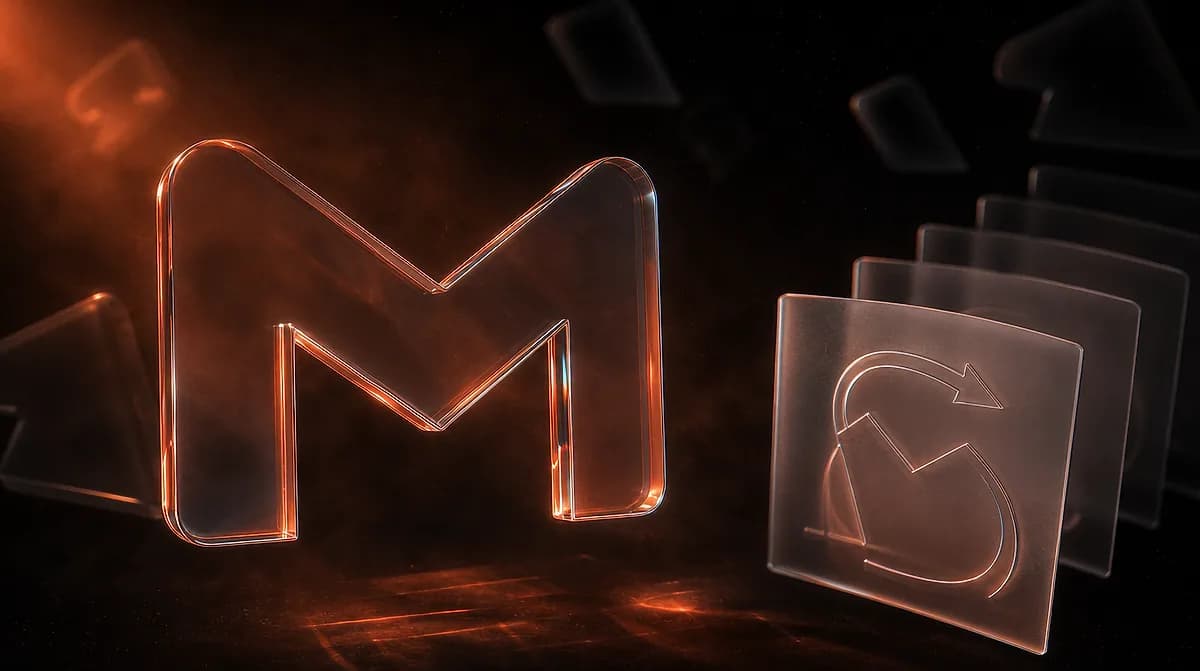 Glowing copper-lit glass Gmail M icon beside frosted glass cards with a circular refresh arrow, on a dark reflective surface