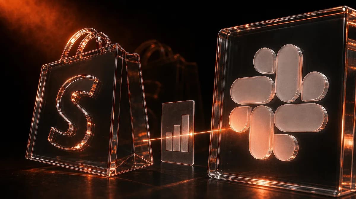 Glowing glass Shopify shopping bag icon and Slack cube icon linked by a light beam through a small bar chart tile