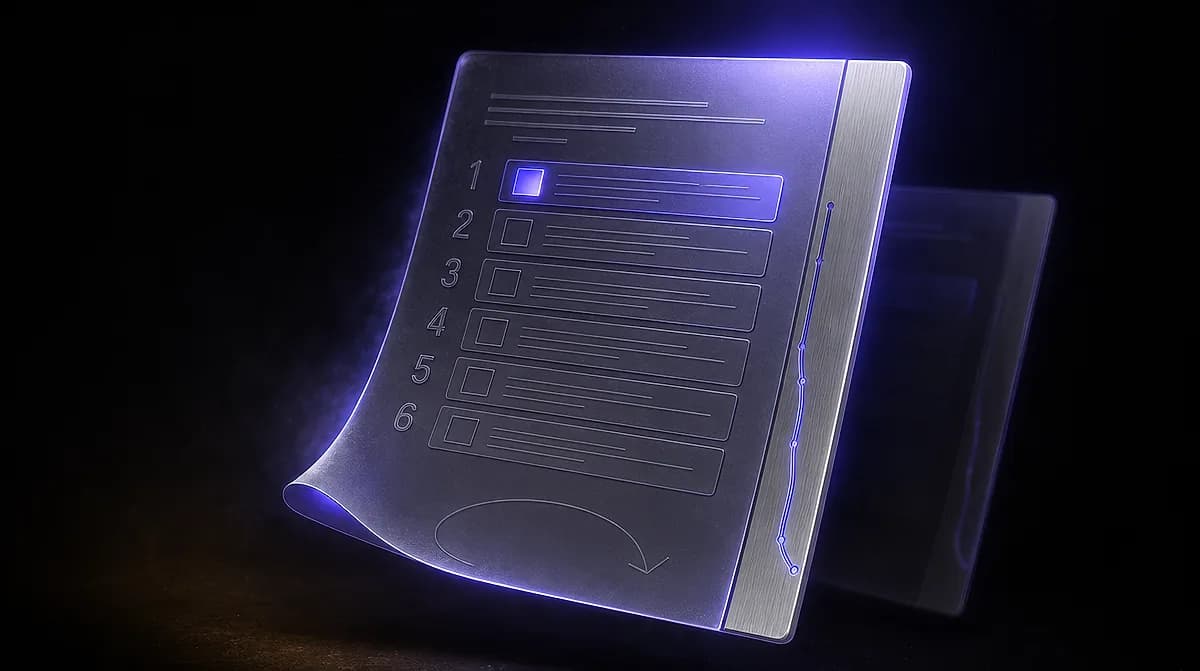 Metallic document with a numbered six-item checklist, top row highlighted in glowing purple