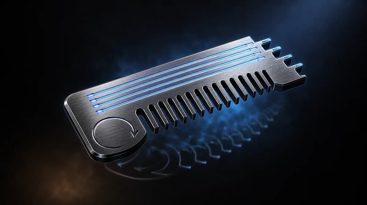 Brushed metal comb-like tool with glowing blue channels, a circular refresh arrow, and stepped teeth