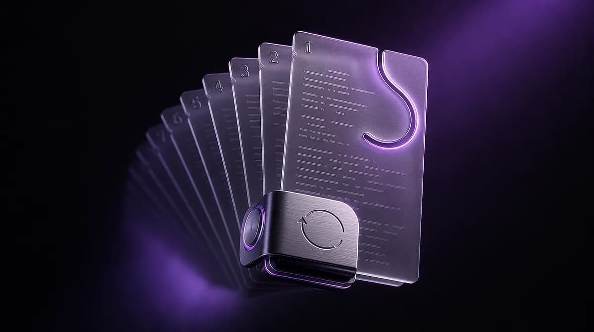 Fanned stack of numbered translucent cards with a purple glow, the top card showing a hook mark