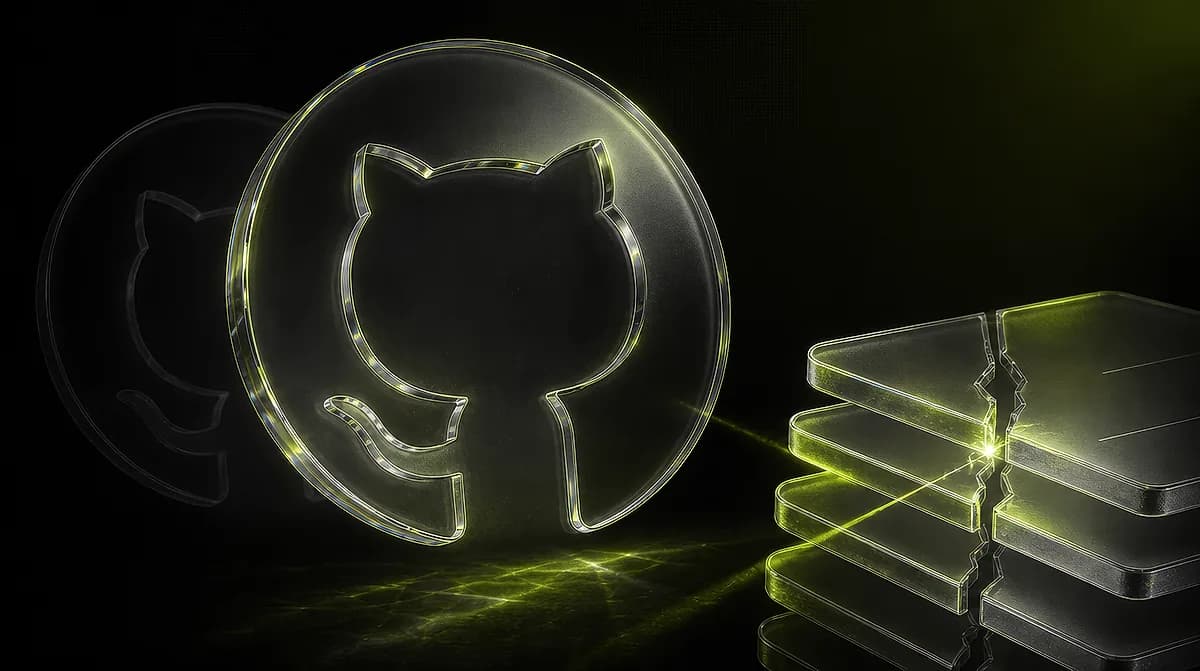 Translucent glass GitHub cat logo glowing with green light beside a cracked stack of glass plates on a dark reflective