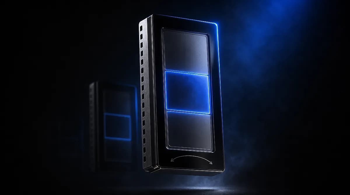 Vertical black device with blue-lit stacked panels floating in dark haze, a fainter duplicate behind it