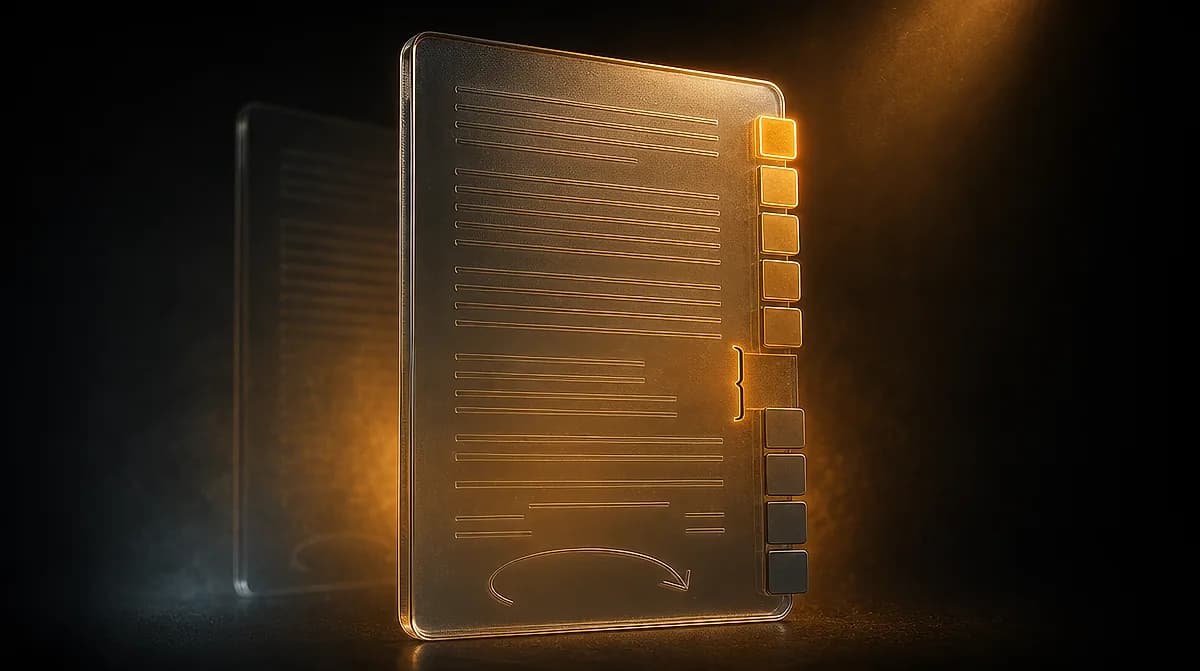 Amber lit translucent document panel with rows of text lines and a column of tabs along the right edge, one glowing bright