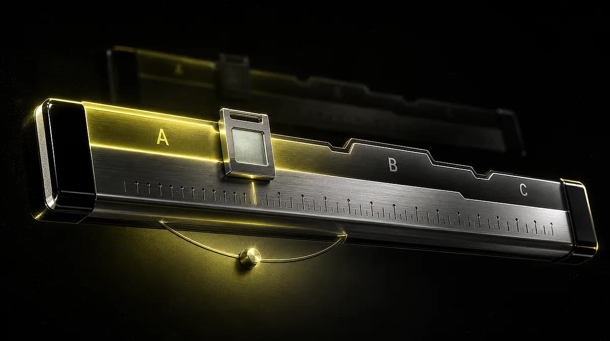 Brushed metal slider gauge with a movable window marker, graded zones labeled A, B, and C, and a fine measurement scale