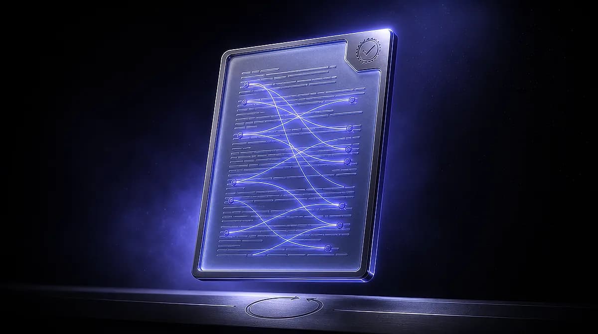 Glowing blue glass document panel with lines of text linked by luminous curved threads
