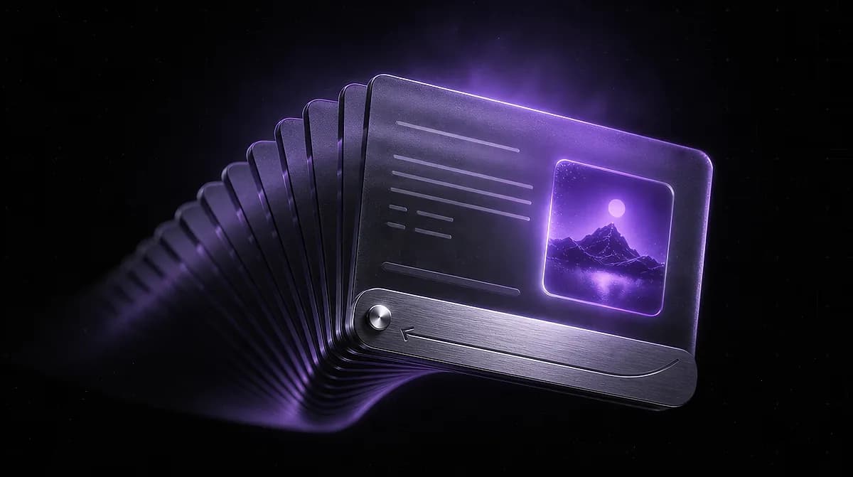 Fanned stack of dark metal social post cards on black, top card showing text lines and a purple mountain and moon