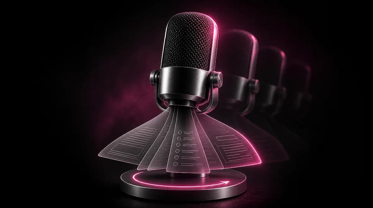 Black studio microphone lit with pink neon, projecting translucent document and social post panels from its base against a