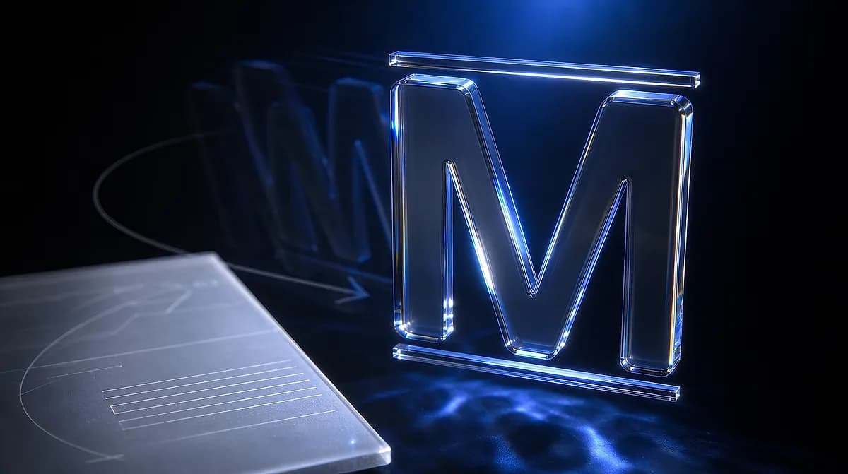 Glowing blue glass letter M with beveled edges standing on a dark reflective surface