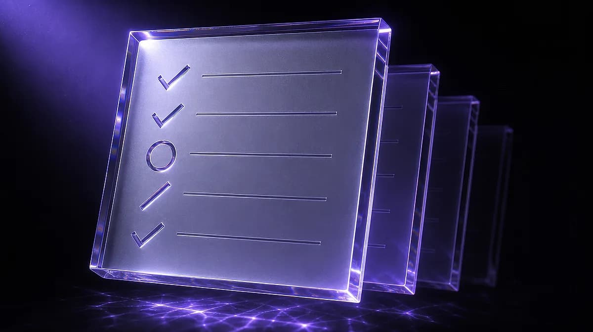Frosted glass panels engraved with a checklist of ticks, a circle and lines, lit by purple light against a dark background