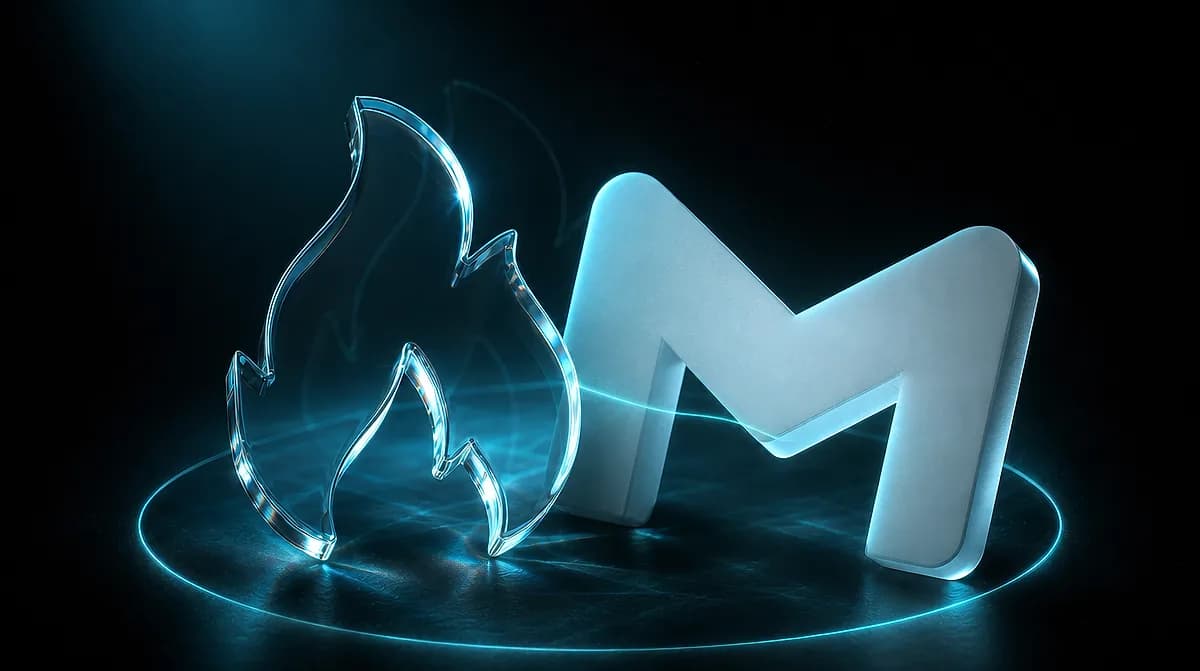 Glass flame icon and metallic letter M on a dark surface, lit by cyan glowing rings and rim light