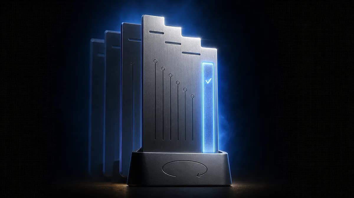 Brushed metal upright panel in a base showing a descending bar chart and a glowing blue checkmark, with a circular arrow