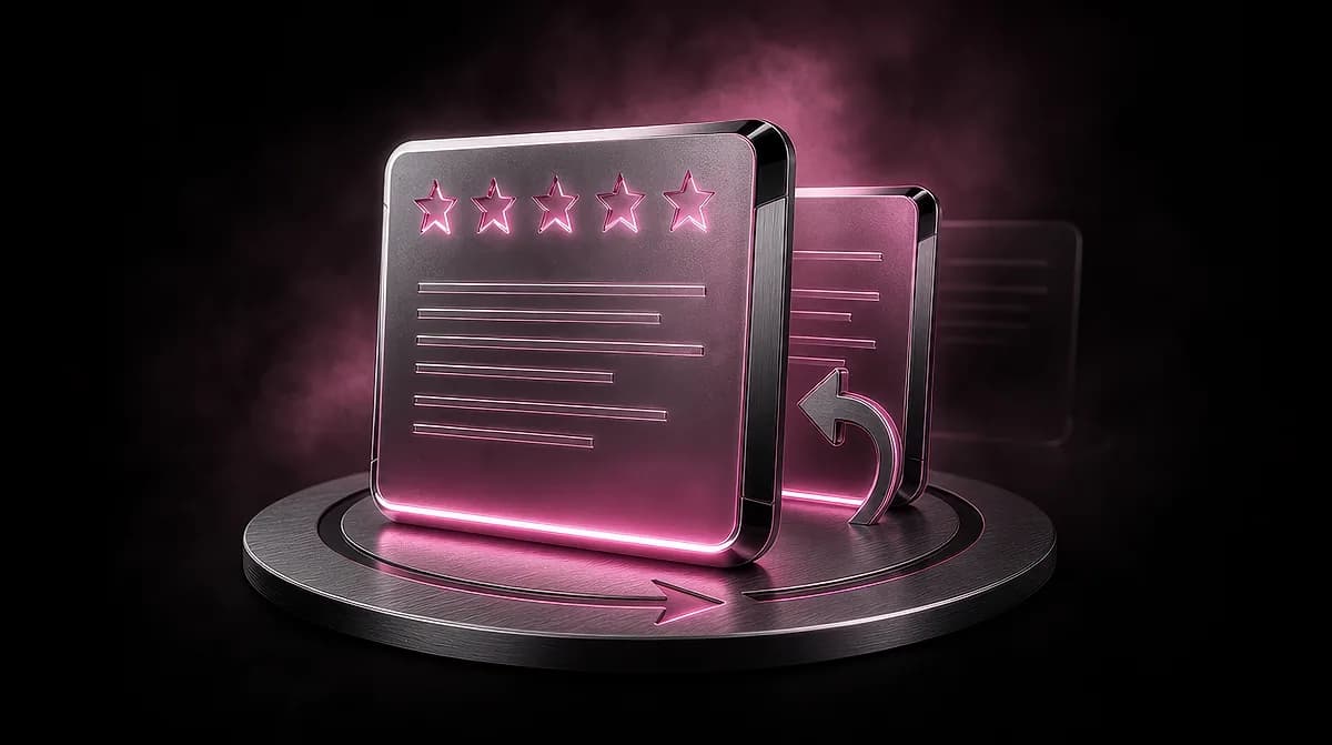Brushed metal review card with five glowing pink stars and text lines, a reply arrow behind it
