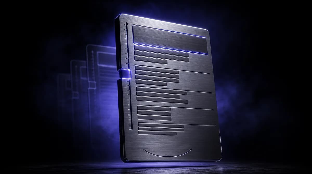 Brushed metal document tablet with engraved text lines and a highlighted top bar