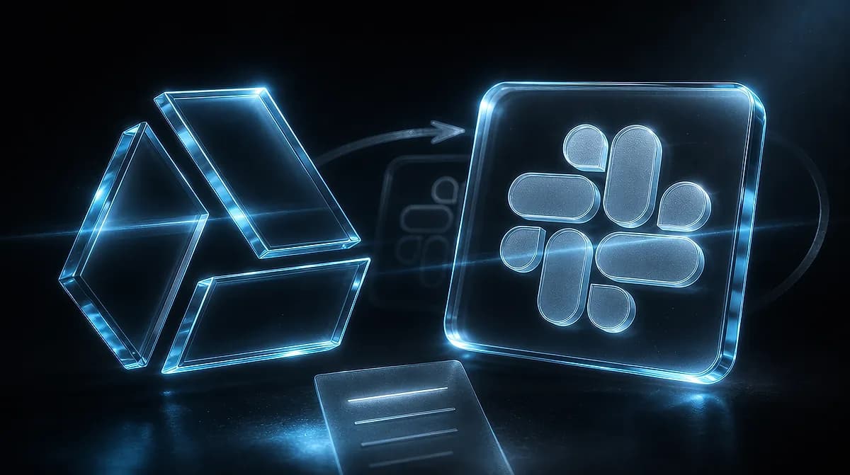 Glowing blue glass Google Drive triangle and Slack hash icons connected by a curved arrow