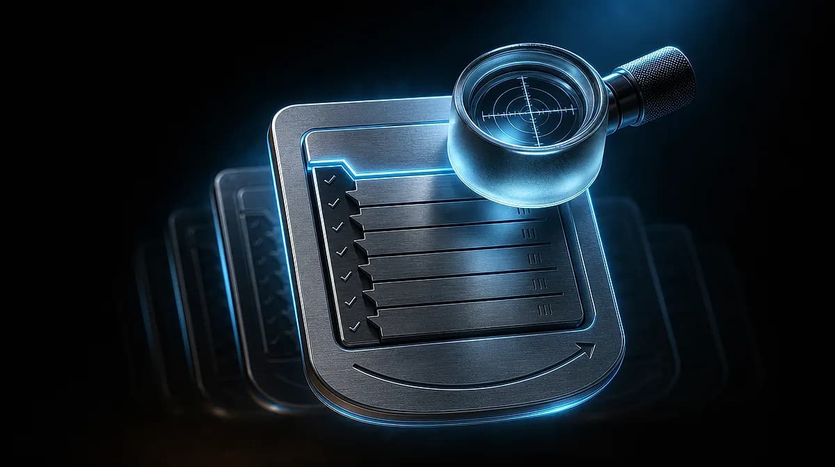 Brushed metal checklist card with blue edge lighting and a magnifying glass showing a crosshair reticle, on a dark background