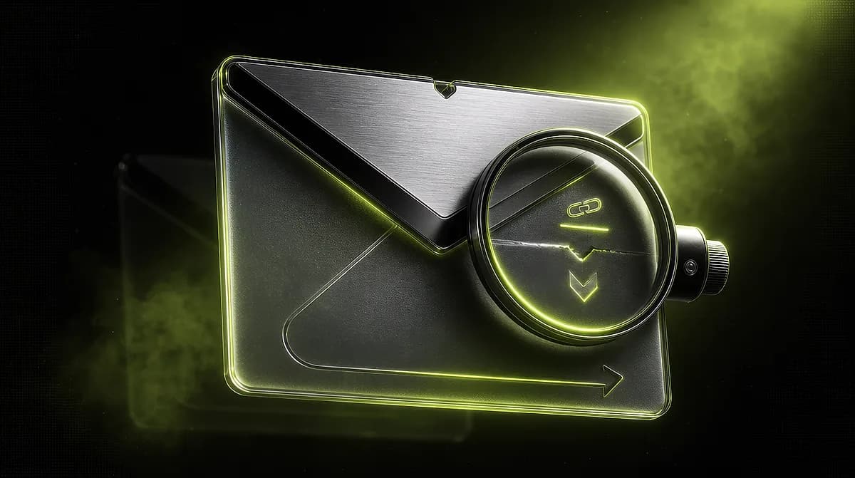 Brushed metal envelope with green glowing edges, a magnifying glass over it revealing a broken link icon