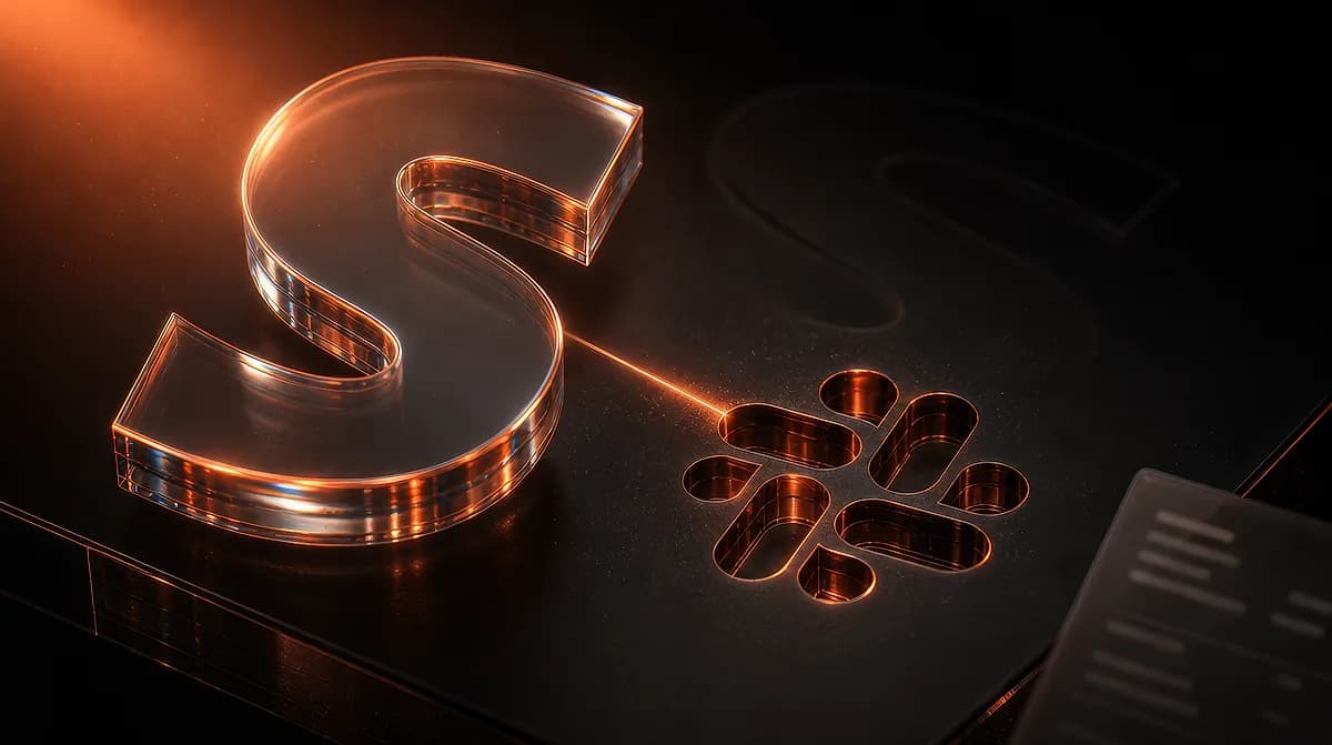 Glass Stripe S letter with copper edges beside a Slack logo cut into a dark surface, joined by a glowing orange line