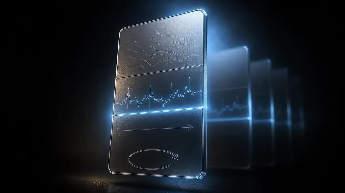 Metallic card with blue edge glow divided into three panels showing wavy lines, a jagged data trace, and directional arrows