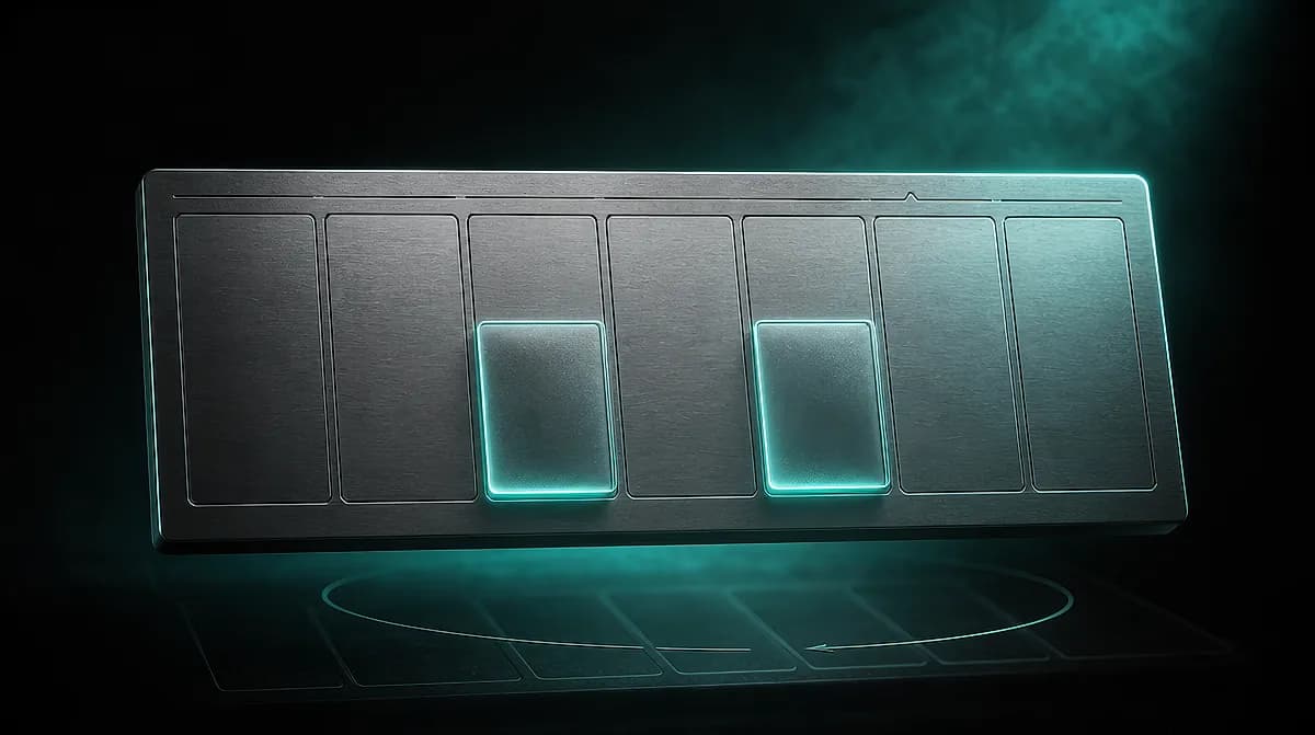 Brushed metal panel with seven columns, two glowing teal blocks highlighted like a weekly calendar