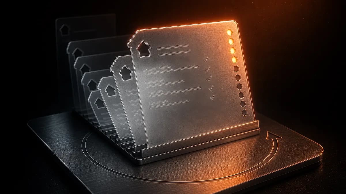 Row of metallic lead cards with house icons and checklist lines standing on a dark base