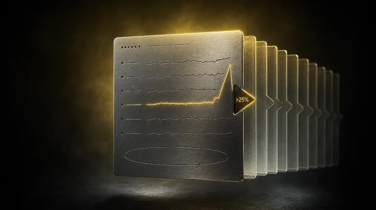 Row of metallic report panels receding into darkness, front card etched with a glowing gold trend line spiking upward and a