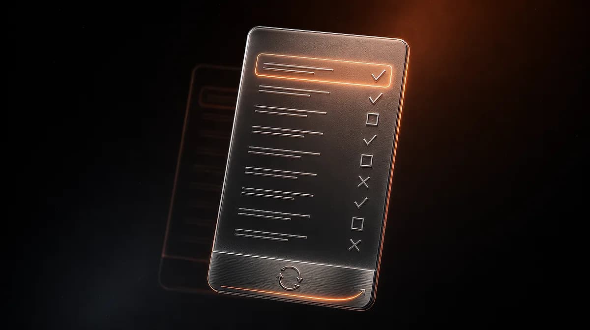 Glossy dark tablet showing a checklist with orange glowing checkmarks, boxes and crosses, plus a refresh icon
