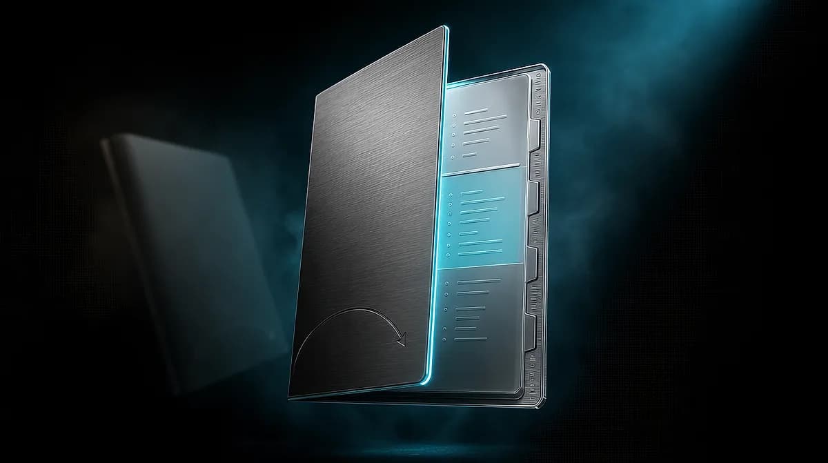 Brushed metal folder opening to reveal glowing cyan tabbed pages with text lines