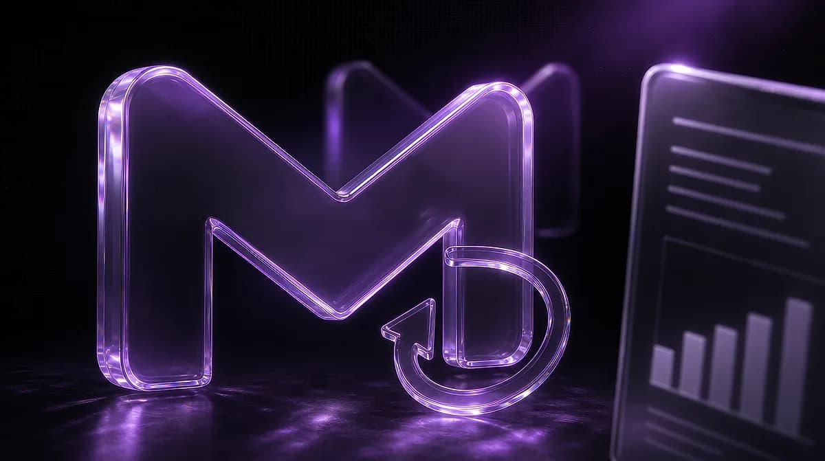 Glowing purple glass letter M with a circular arrow icon beside it