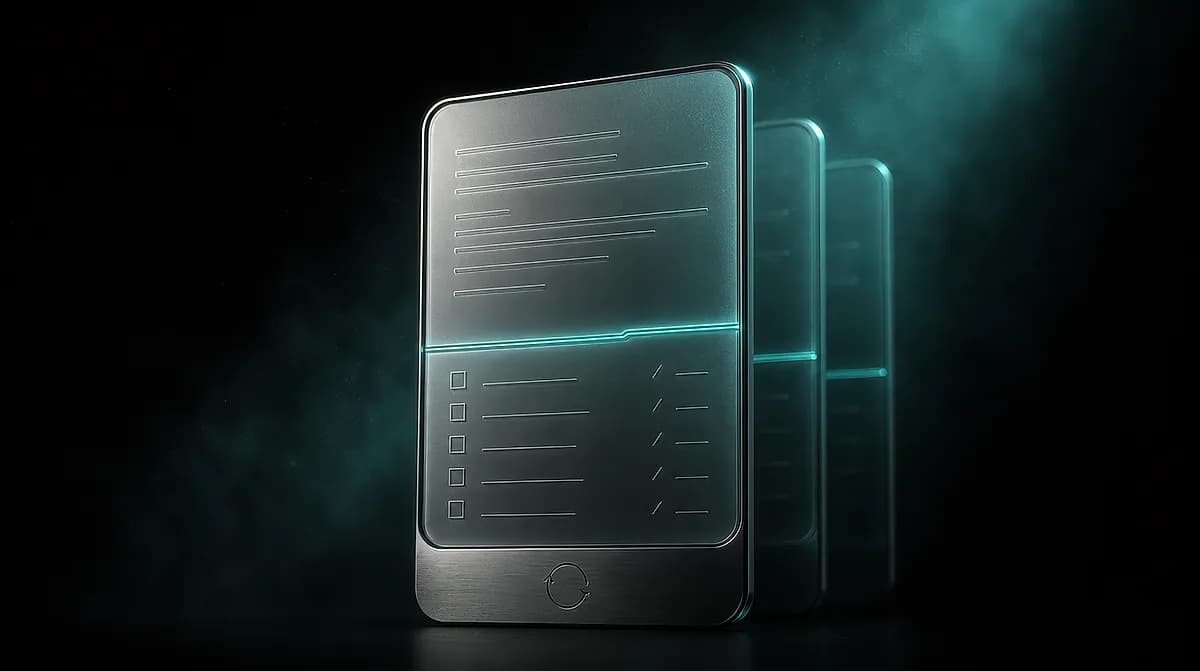 Brushed metal document panel split by a glowing teal line, engraved text lines above and a checklist with checkboxes below