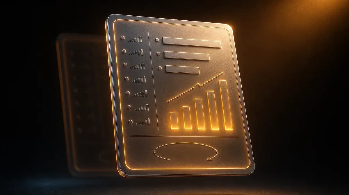 Metallic report card with glowing amber bar chart, rising trend line, list rows and a recurring loop arrow