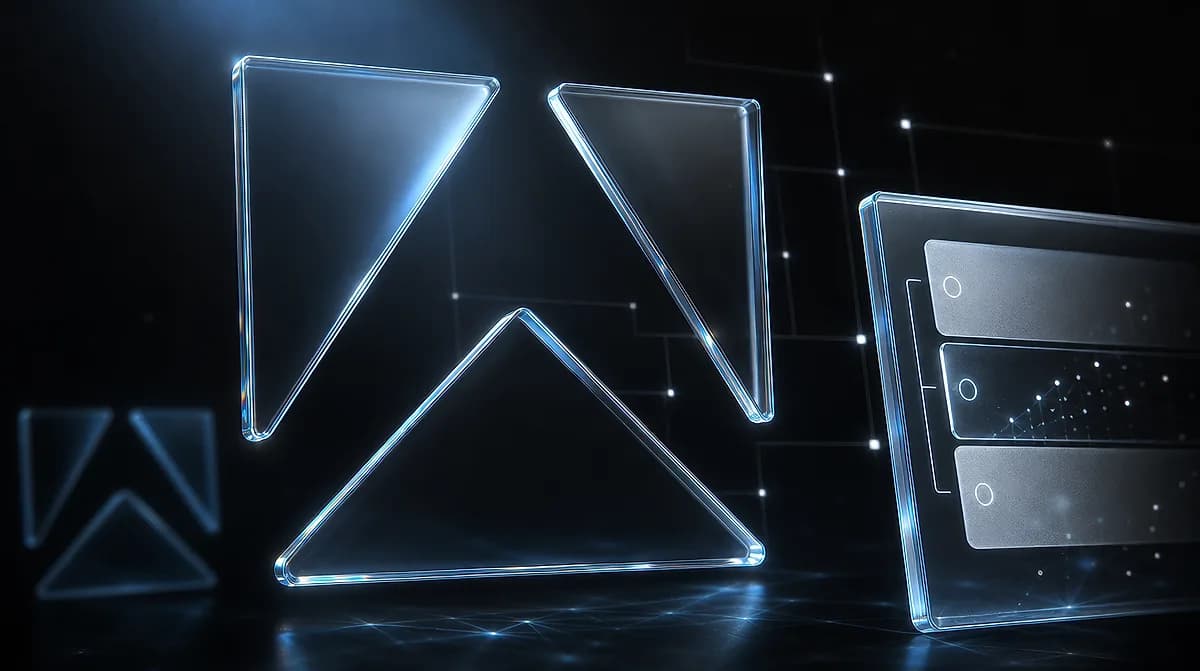 Glowing translucent glass triangles forming an upward arrow beside a floating panel with data rows